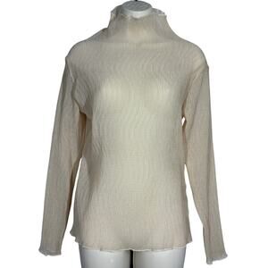 Wavy Mock Neck Top Snug Slim Fit VERY SHEER Nude Peach Cream - M